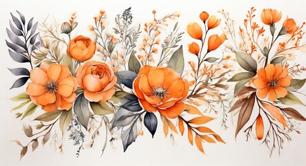 Orange watercolor hand paint arrangements of flowers, wildflowers, leaves, and branches with botanical theme from Generative AI