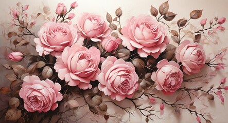 Pink oil hand painting on canvas arrangements of roses, leaves, and branches with botanical theme, visible brush strokes from Generative AI