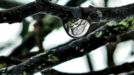 Hope in dark times. Raindrops on the branch of a tree in its own mirror frame