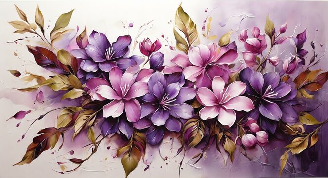 Purple oil hand painting on canvas arrangements of exotic flowers and leaves, visible brush strokes watercolor from Generative AI