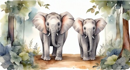 Watercolor hand painted cute elephant on the forest from Generative AI