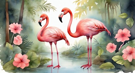 Watercolor hand painted cute flamingo on the forest from Generative AI