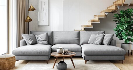 A Sleek Grey Sofa Complementing the Staircase in a Modern Scandinavian-Inspired Interior