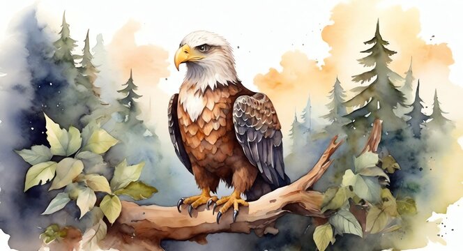 Watercolor hand painted cute eagle on the forest from Generative AI