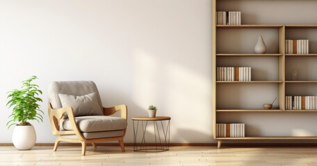 Fototapeta na wymiar A Bright and Airy Living Room Design, Complete with a Cozy Armchair and a Sleek Wooden Cabinet