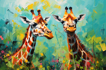 Giraffe animal oil painting artwork - hand painted giraffe head colorful whimsical watercolor illustration panorama canvas art portrait - zoo animal wildlife jungle mammal wallpaper background