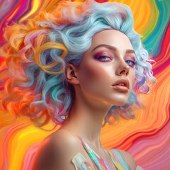 Girl with colorful curly hair on a colored wall background