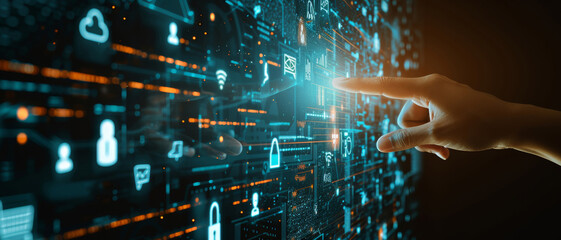 Finger touching virtual interface with glowing digital icons, a touch of the future