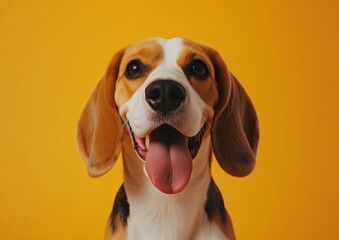 Happy Beagle Dog Against Yellow Background