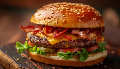 Deluxe Bacon Cheeseburger on Wooden Surface