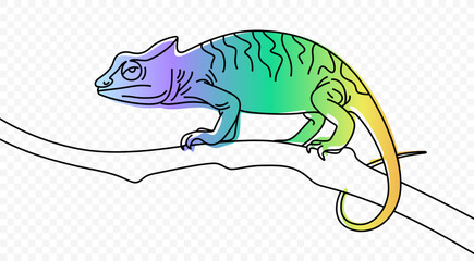 Continuous one line drawing of chameleon crawling along a tree branch vector design. Single line art illustration cute lizard on transparent background