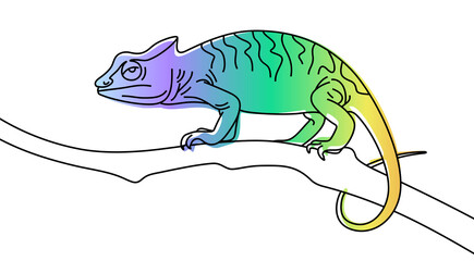 Continuous one line drawing of chameleon crawling along a tree branch graphic design. Single line art illustration cute lizard on transparent background