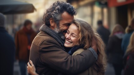 In the spirit of International Hug Day, two strangers, a man and a woman, hug in the street, filled with laughter.