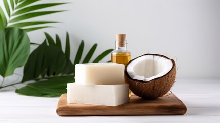 Obraz na płótnie Canvas Soap with Coconut oil Extract. Coconut soap with dry Coconut. Copy space. Horizontal banner. Minimalism.