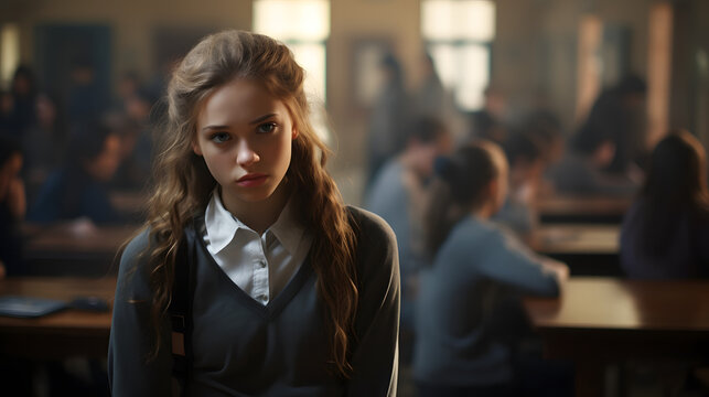 School Days: Portrait of a Teenage Girl in the Halls, Surrounded by her Friends
