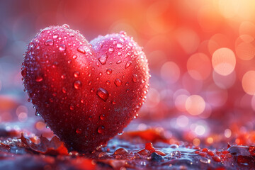 Dewy Heart on a Red Shimmering Backdrop.
A heart covered in dewdrops against a red, sparkling background, radiating love.