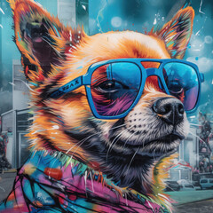 chihuahua In glasses with watercolor splashes in the style of pop art, сolorful, vivid