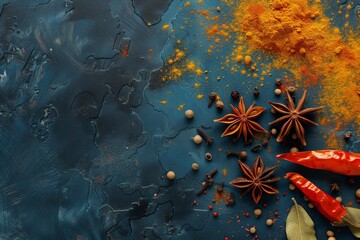 Fototapeta na wymiar Assorted Spices on Textured Blue Surface