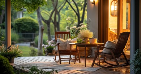 Fototapeta na wymiar A Cozy Outdoor Setting with Wooden Table and Chairs on a Home Terrace Amidst Summer Gardens