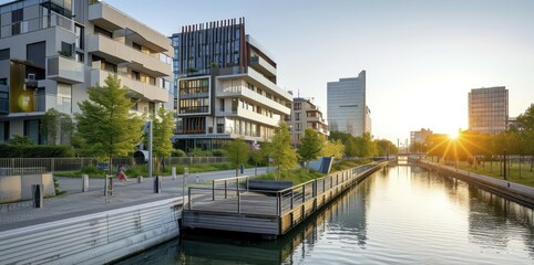 A Tranquil Morning View of Contemporary Buildings in a Bustling Modern District by the Water