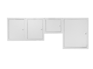 Four white electric meter boxes of different sizes isolated on a white background.