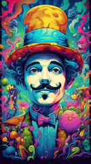 hatter with a mustache with watercolor splashes in the style of pop art, сolorful, vivid