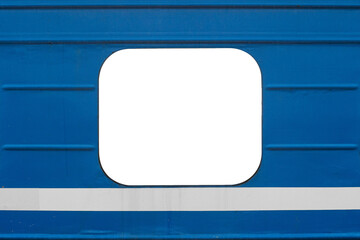 Empty window with copyspace on a blue passenger car of a train with a white stripe below.
