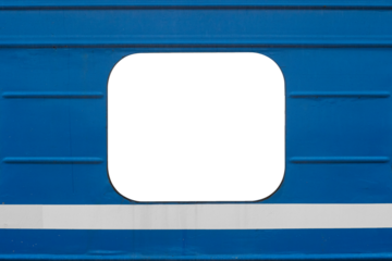 Empty window with copyspace on a blue passenger car of a train with a white stripe below.