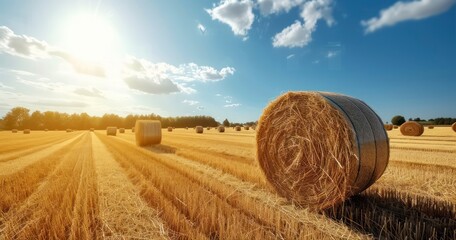 Bright Yellow Haystacks Adorning the Agricultural Fields on a Sunny Day