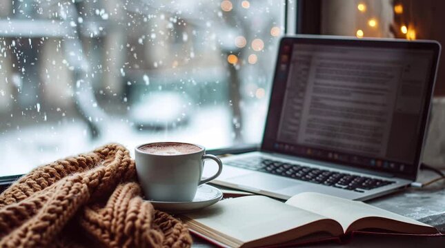 Laptop and coffee on winter window Seamless looping 4k time-lapse virtual video animation background. Generated AI