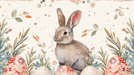 easter theme background, beautiful watercolor design with eggs and bunny and leaves