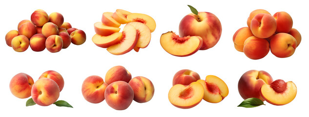 Peach peaches Nectarine Nectarines fruit, many angles and view side top front heap pile bunch isolated on transparent background cutout, PNG file. Mockup template for artwork graphic design - obrazy, fototapety, plakaty