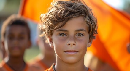 A joyful human portrait captures the playful spirit of a freckled boy with a warm smile, surrounded by the vibrant colors of nature and dressed in earthy tones