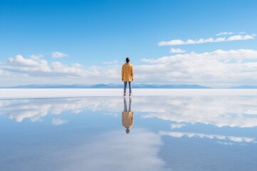 a man standing on salt flats.