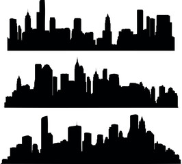 Naklejka premium Cityscape silhouette vector, urban skyline isolated on white. Modern city architecture, skyscrapers, buildings outline. High contrast black and white design for web, backdrop, overlay