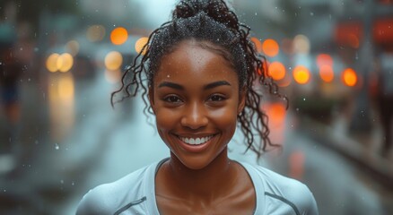A radiant woman's joy shines through her drenched locks, as she basks in the refreshing spray of a city street fountain - obrazy, fototapety, plakaty