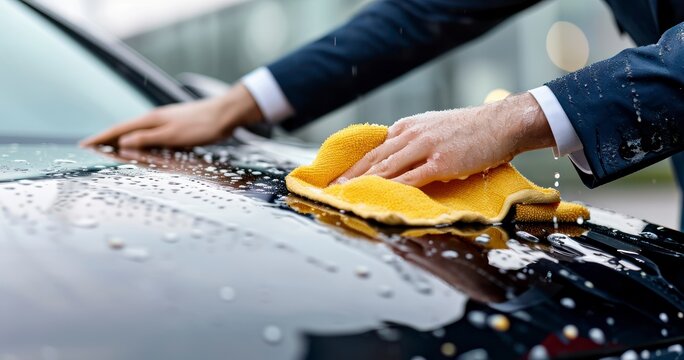 A Dapper Businessman Polishing the Windshield of His Vehicle with a Microfiber Towel at a Self-Service Wash