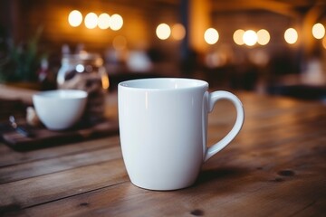 A white coffee mug on a rustic wooden table in a cozy café ambiance.