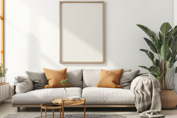 A cozy living area featuring a white sofa with mustard pillows and green plants.