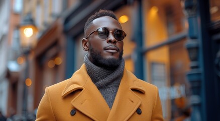 Naklejka premium A mysterious man, donning a yellow jacket and sunglasses, stands in front of a building in the city, his face obscured by a thick beard and coat