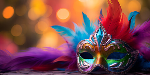 Chromatic Carnival: Venetian Mask Splendor with Feathers - obrazy, fototapety, plakaty