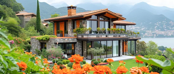 Fotobehang Beautiful house in high mountains during the summer.Generative AI © ZzGooggiigz