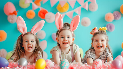 Obraz na płótnie Canvas Happy girls in bunny ears celebrating easter