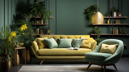 Interior design of modern apartment, yellow sofa in living room, dark green wall, wooden panelling, home design.Generative AI