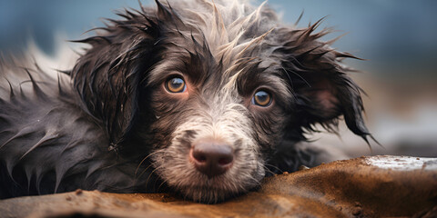 Soulful Reflections: Wet Dog's Intense Gaze Captured
