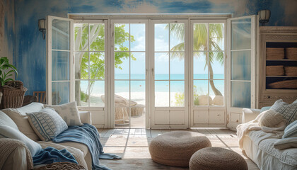 An eclectic boho-themed marine living room in a beach house, with a mix of textures and patterns of predominantly blue and white colors, overlooking the tropical beach and the sea through French doors