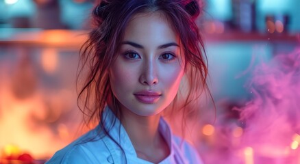 A striking portrait of a fashion-forward woman with long, dark hair and vibrant pink and blue lights, highlighting her flawless makeup and bold sense of style