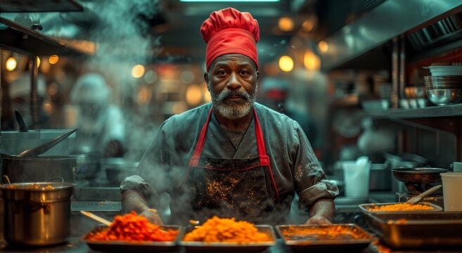 A chef passionately creates culinary masterpieces in the comfort of his kitchen, adorned in his street clothes, surrounded by tantalizing ingredients and the aroma of cooking