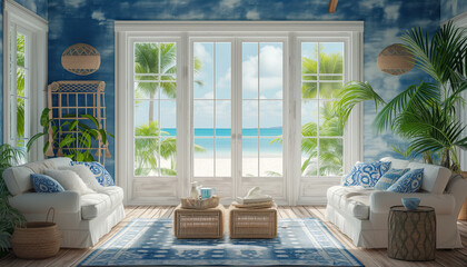 An eclectic boho-themed marine living room in a beach house, with a mix of textures and patterns of predominantly blue and white colors, overlooking the tropical beach and the sea through French doors