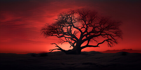 Spooky silhouette of a haunted tree against a fiery orange sunset 